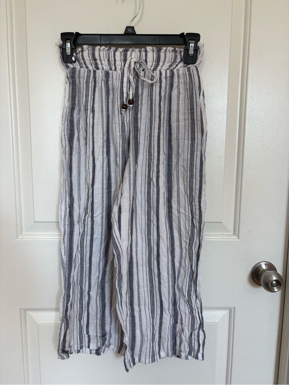 Indulge Gray and White Striped Cropped Drawstring Pants